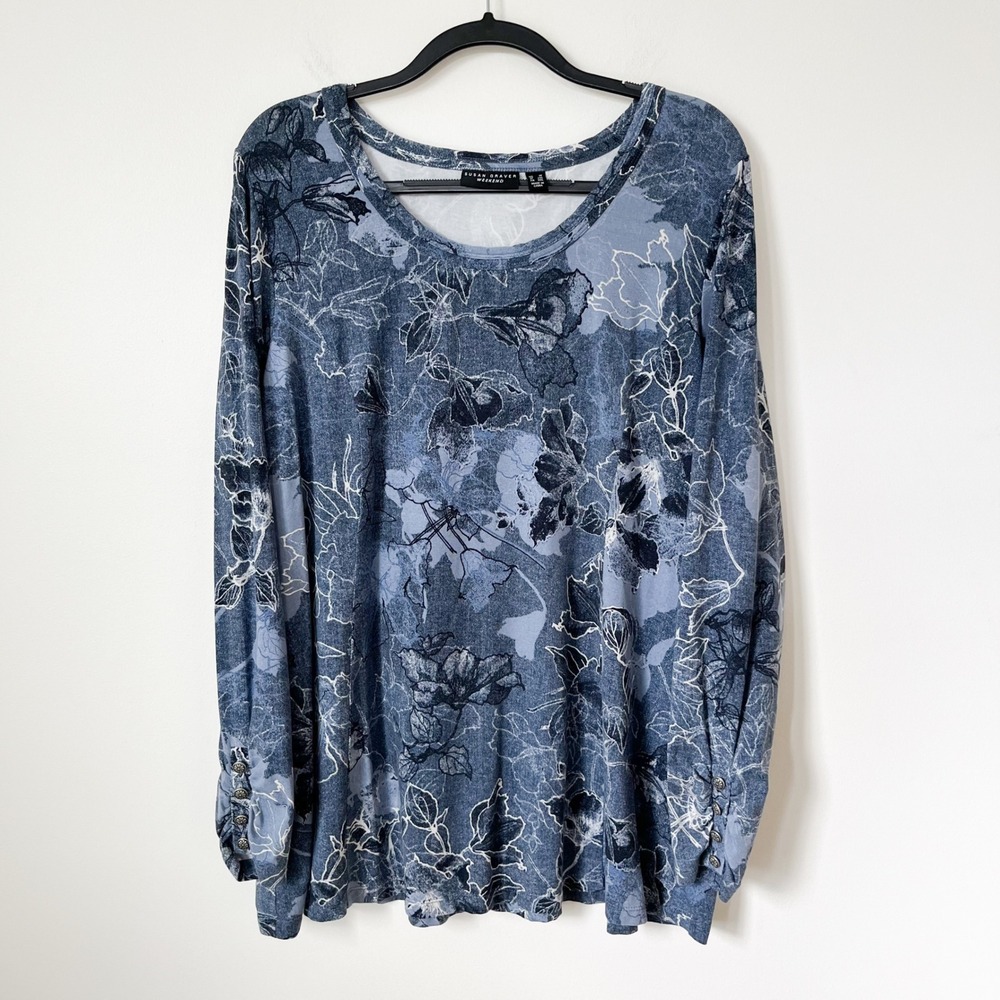 Susan Graver Weekend Floral Cotton Modal Top Button Cuff Womens 1X Blue
